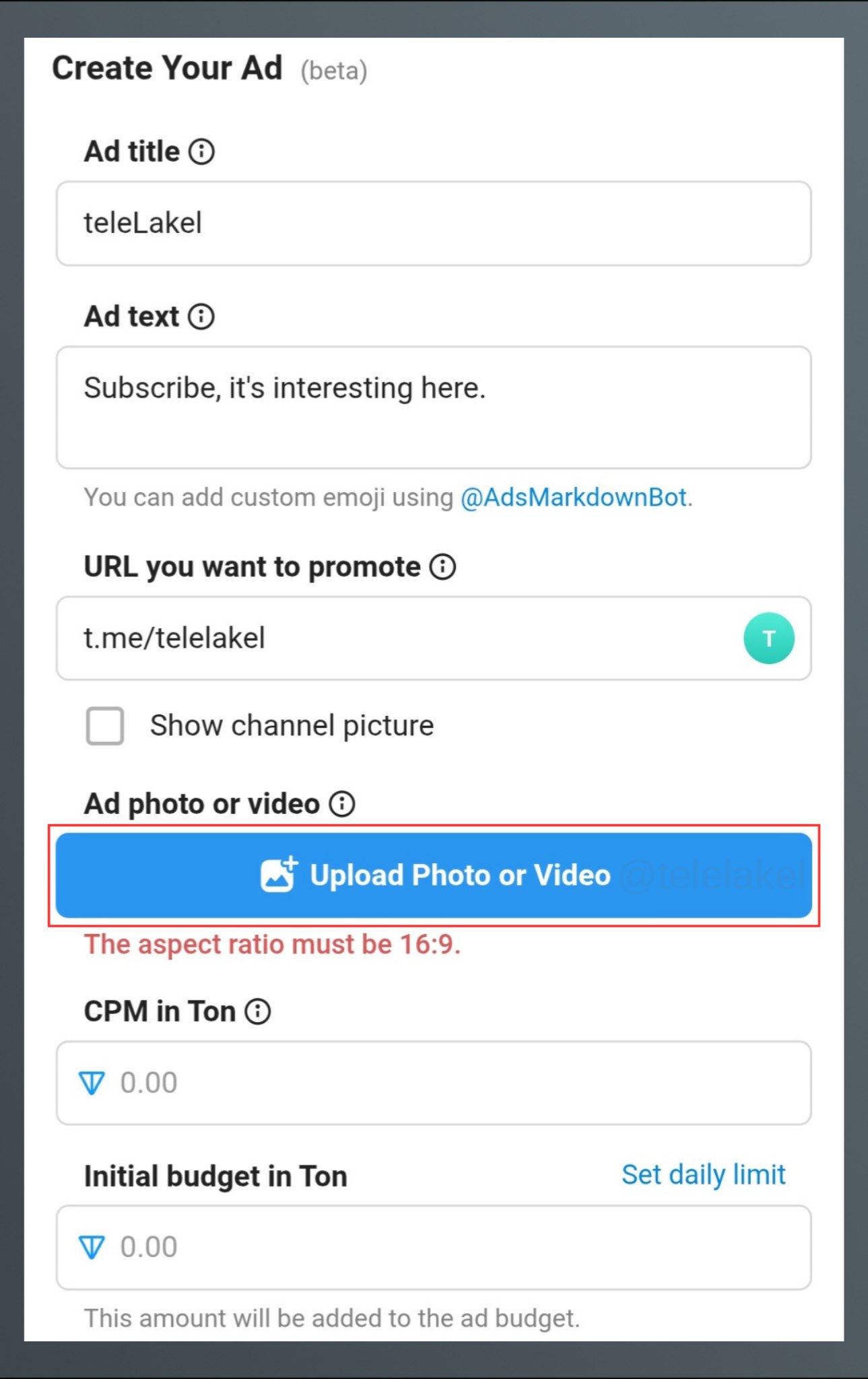 New Update on ads.telegram.org: Photos and Videos Now Supported with 16:9 Aspect Ratio